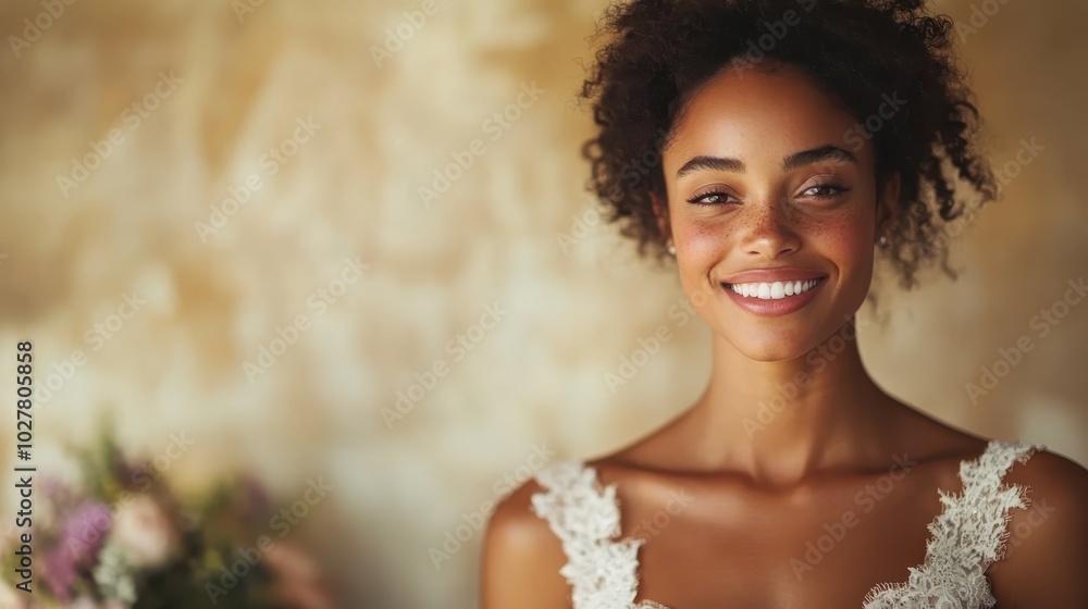 A joyful bride with natural curls is brilliantly smiling while wearing an elegant dress, bathed in soft, atmospheric lighting, exemplifying beauty and bliss. A joyful bride with natural curls is brilliantly smiling while wearing an elegant dress, bathed in soft, atmospheric lighting, exemplifying beauty and bliss.