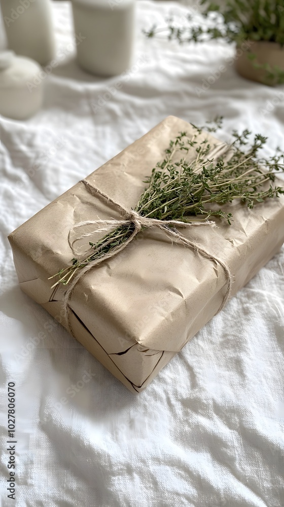 A photo of an elegant, wrapped gift with natural twine and dried thyme tied around it, sitting on top of a vintage-style tablecloth A photo of an elegant, wrapped gift with natural twine and dried thyme tied around it, sitting on top of a vintage-style tablecloth