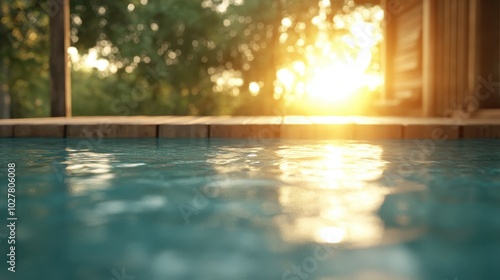 This close-up view highlights sparkling pool water with rays of the rising sun illuminating the wooden deck, surrounded by lush greenery, evoking peace and relaxation.