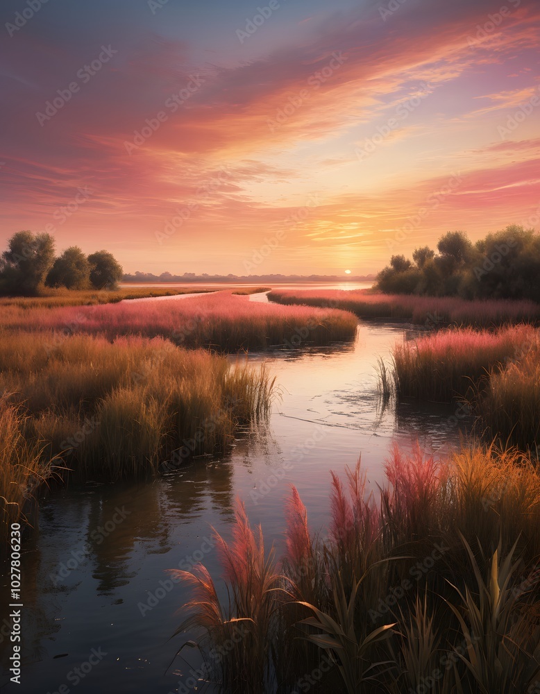 Fototapeta premium A sunset over a marsh with reeds and water and trees