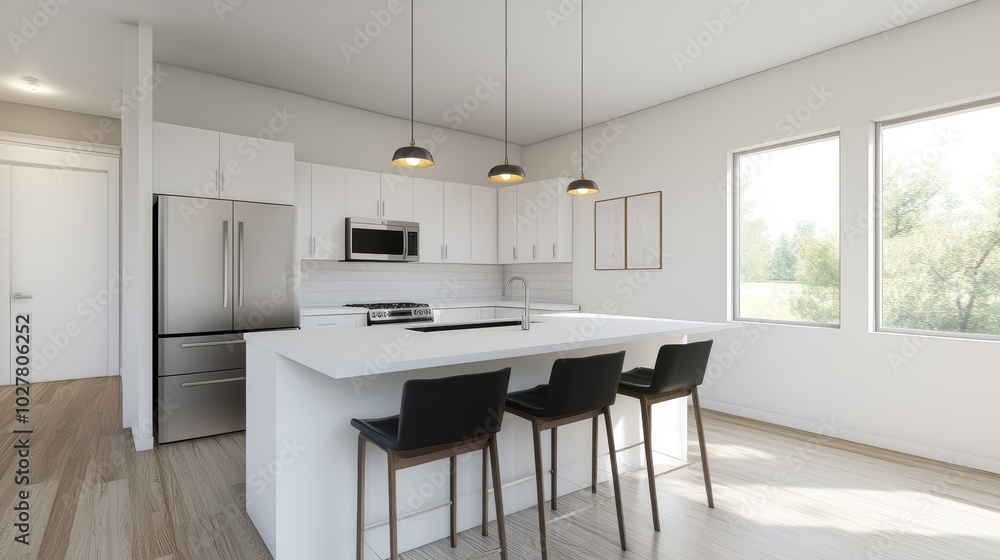 Modern white kitchen with sleek cabinetry, large island, and stainless steel appliances, under soft pendant lighting, ideal for contemporary interior design themes Modern white kitchen with sleek cabinetry, large island, and stainless steel appliances, under soft pendant lighting, ideal for contemporary interior design themes