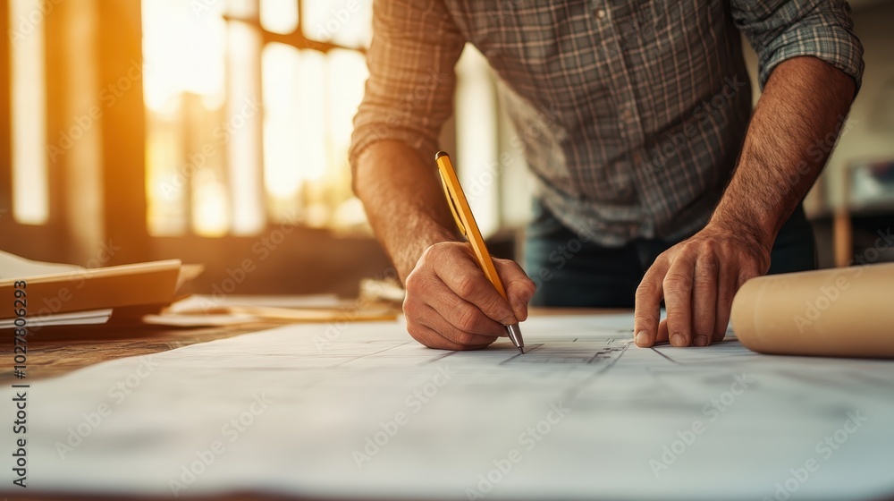 A man leans over a large sheet, meticulously drafting architectural plans in the warm glow of sunlight streaming through a window, embodying precision and creative dedication. A man leans over a large sheet, meticulously drafting architectural plans in the warm glow of sunlight streaming through a window, embodying precision and creative dedication.