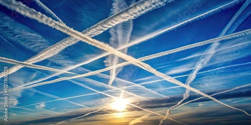 Extreme close-up of chemtrails in the sky with copy space