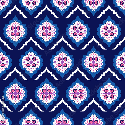 Arabesque Tiling pattern, dark blue background, ideal for a sock or textile design, fabric or other products