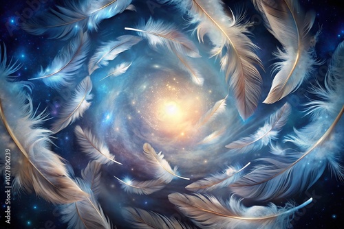 Extreme close-up of feathers combusting into starlight in perpetual rotation photo