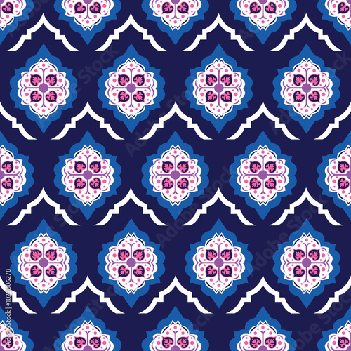 Arabesque Tiling pattern, dark blue background, ideal for a sock or textile design, fabric or other products