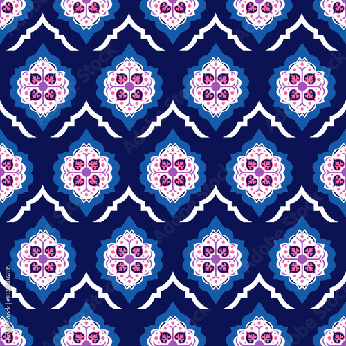 Arabesque Tiling pattern, dark blue background, ideal for a sock or textile design, fabric or other products