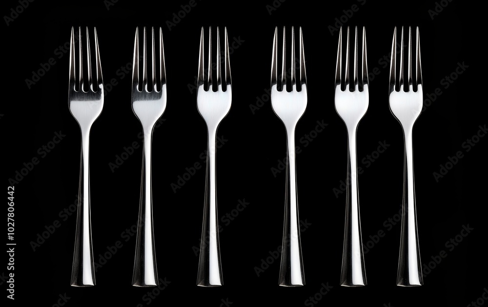 Neatly arranged stainless steel forks in a row, isolated on a black background, showcasing modern and minimalist kitchen elegance Neatly arranged stainless steel forks in a row, isolated on a black background, showcasing modern and minimalist kitchen elegance