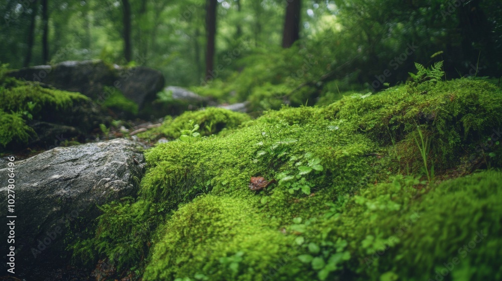 Fototapeta premium Lush Green Moss Covering Rocks in a Forest