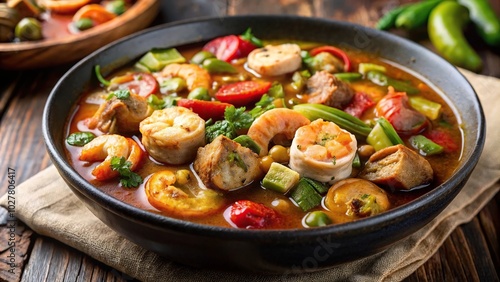 Extreme close-up of savory gumbo soup with shrimp, sausage, and chicken, showcasing Cajun cuisine with okra and bell peppers