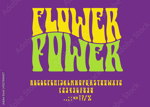 Hippy psychedelic font, retro 60s type, groovy typeface, vintage alphabet, 70s funky hippie flower power vector typography. Hippy groovy letters and numbers font, bold curve psychedelic characters