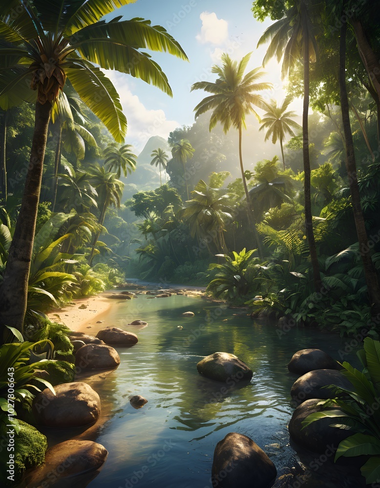 A river runs through a jungle with a sun shining through the trees A river runs through a jungle with a sun shining through the trees