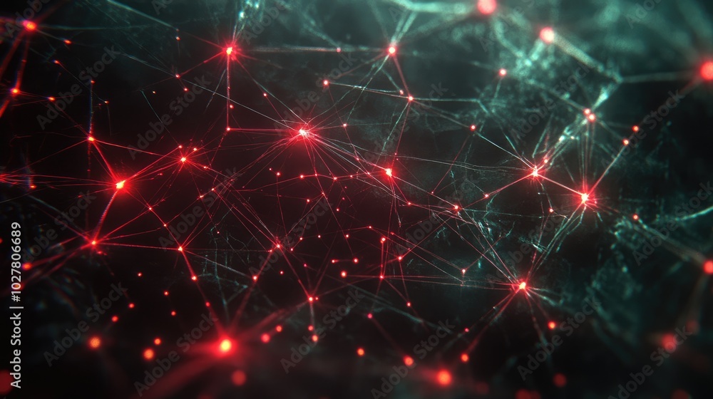 Obraz premium Futuristic network of interconnected glowing nodes and lines in a dark abstract space
