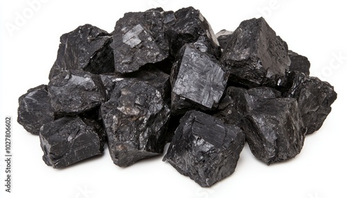 Pile of black coal chunks isolated on a white background, showcasing raw energy resources with rough texture