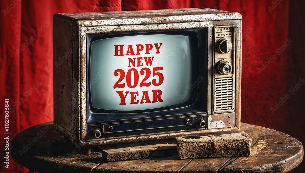 Old vintage tv with text Happy new 2025 year, festive template, retro, television, antique