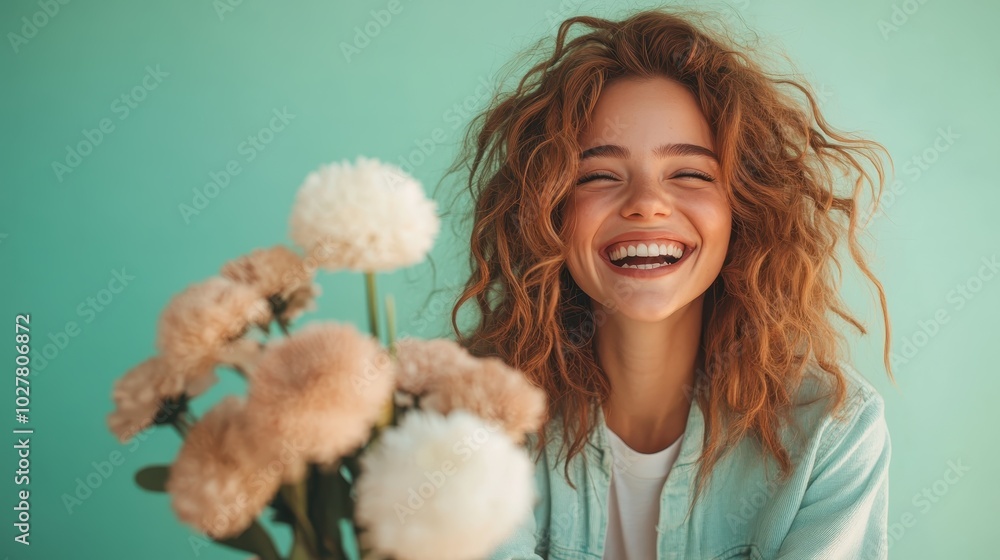 A joyful woman with wild curly hair laughs while holding white and beige fluffy flowers against a teal background, embodying happiness and spontaneity. A joyful woman with wild curly hair laughs while holding white and beige fluffy flowers against a teal background, embodying happiness and spontaneity.