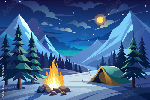 A small fire illuminating a snow-covered mountain campsite, with stars twinkling in the clear winter sky