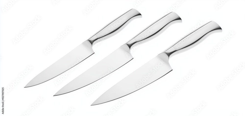 Obraz premium Polished stainless steel knife set with clean, sharp blades and a modern aesthetic, isolated on white, perfect for a contemporary kitchen
