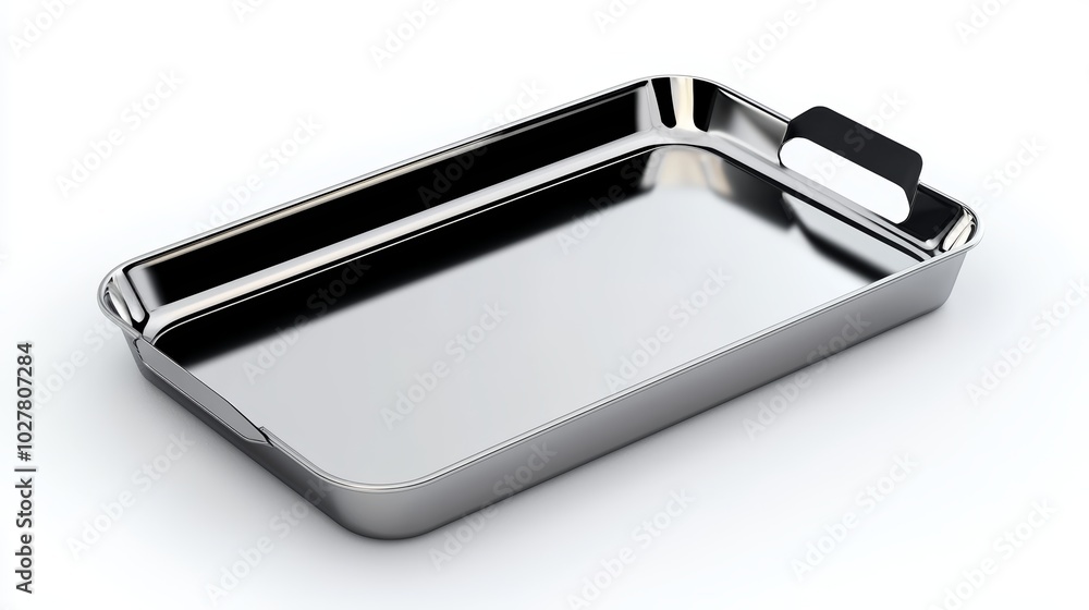 Polished stainless steel tray with a smooth surface and ergonomic side handles, isolated on white, ideal for kitchenware or dining use Polished stainless steel tray with a smooth surface and ergonomic side handles, isolated on white, ideal for kitchenware or dining use
