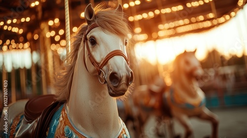 A gleaming carousel horse in an amusement park is bathed in warm sunset light, highlighting its intricate design and evoking nostalgia, joy, and timeless thrills. photo