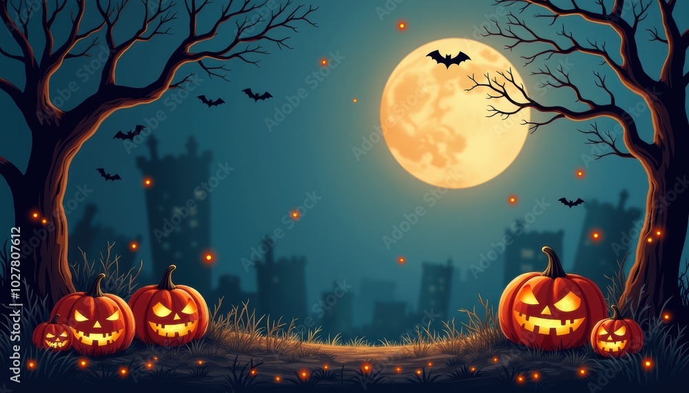 Fototapeta premium Halloween pumpkin in creepy card, cobweb on wall, night sky. October wallpaper for spooky event, happy lantern lights celebration.