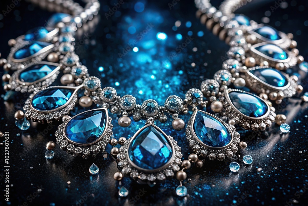 Extreme close-up luxurious blue stone necklace on dark black background with silver splashes