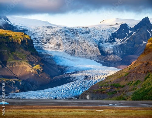 breathtaking view of skaftafellsjokull glacier tongue and volcanic mountains around on south iceland photo