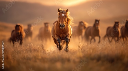 A leading horse energetically charges towards the viewer amidst a herd on open grasslands, embodying leadership, unity, and resilience in a natural setting.