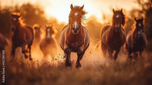 A strong horse confidently leads its herd through a dusty sunlit field, symbolizing leadership, guidance, and the raw beauty of animals in their natural habitat. photo