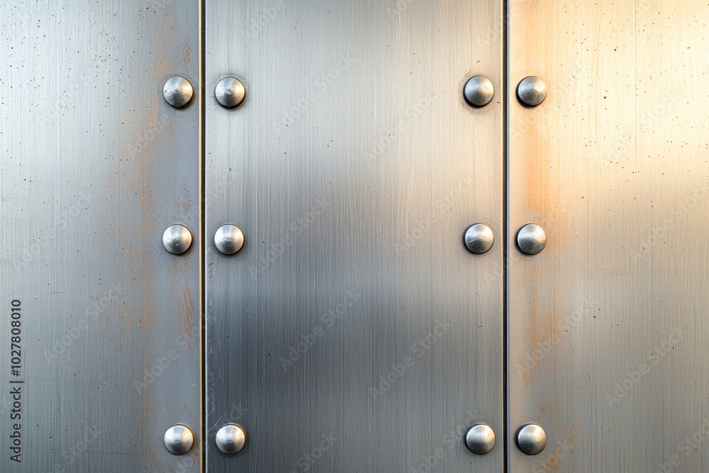 Rectangular brushed metal plate with rivets, isolated on a metallic surface, emphasizing industrial design and modern texture Rectangular brushed metal plate with rivets, isolated on a metallic surface, emphasizing industrial design and modern texture