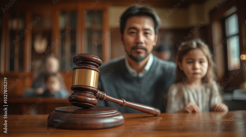 Asian Father and Daughter in a Courtroom with Focus on a Wooden Gavel, Symbolizing Legal Proceedings and Family Law Asian Father and Daughter in a Courtroom with Focus on a Wooden Gavel, Symbolizing Legal Proceedings and Family Law