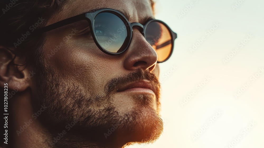 Close-up of a pensive person wearing reflective sunglasses, capturing the warm hues of a sunset, representing introspection and the passage of a day. Close-up of a pensive person wearing reflective sunglasses, capturing the warm hues of a sunset, representing introspection and the passage of a day.