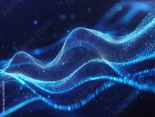 futuristic illustration showcasing a dynamic blue wave pattern against a dark background, representing data technology and innovation in a digital world