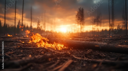 A forest fire burns intensely at sunset, with flames consuming fallen logs and a dramatic sky in the background, highlighting the severity of nature's wrath.