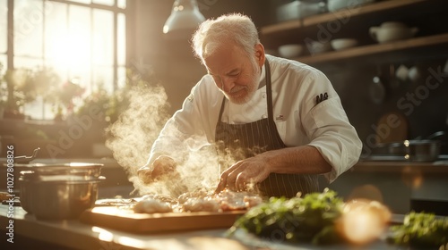 A seasoned chef expertly prepares a meal amidst a steaming kitchen ambiance, reflecting culinary tradition, precision, and passionate dedication to craft.