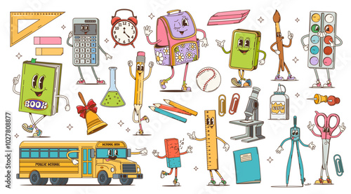Cartoon retro groovy school education stationery characters. Cute hippie book, pencil, backpack and school bus vector personages. Funky psychedelic scissors, ruler and calculator groovy characters