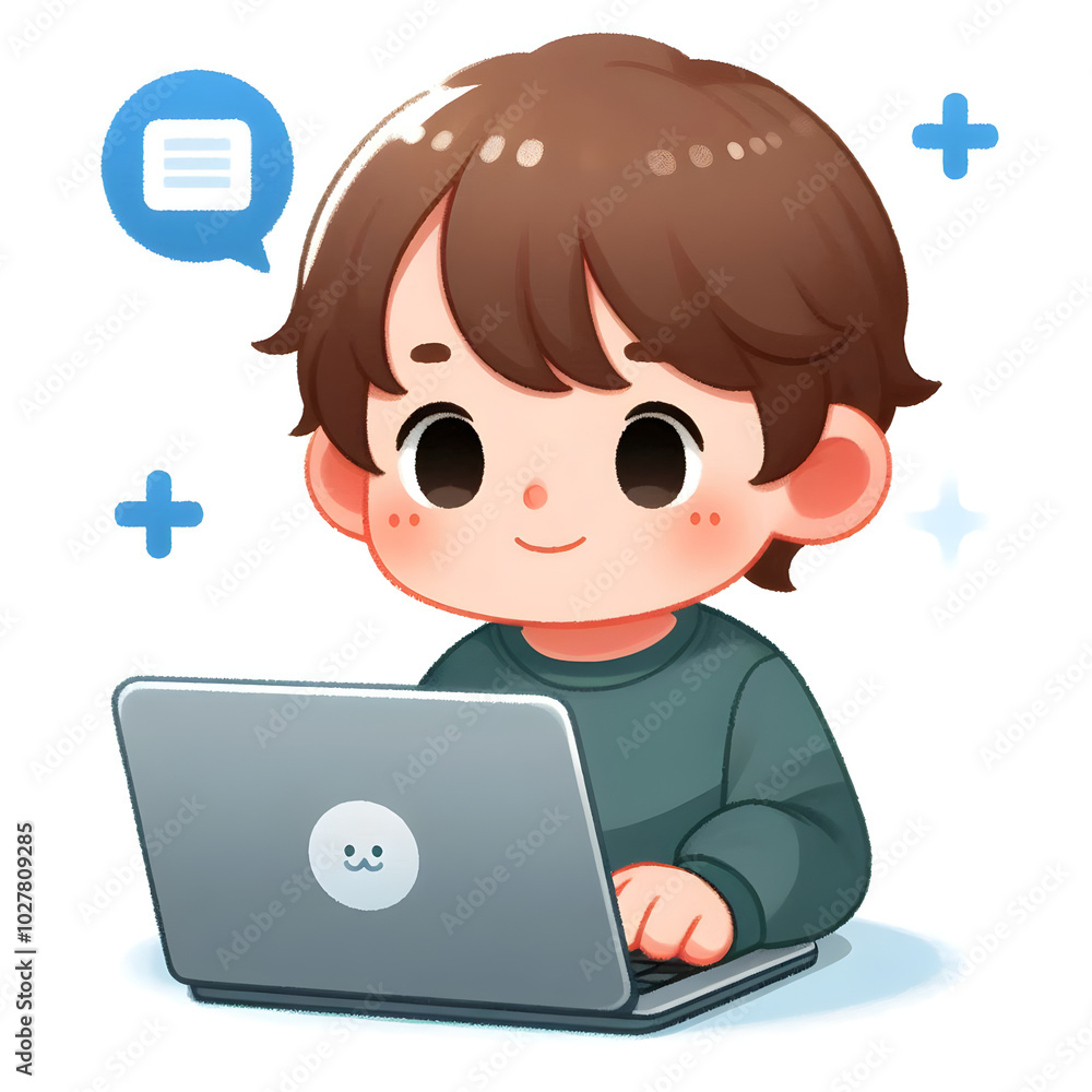 Young boy working on his laptop with a smile on his face Young boy working on his laptop with a smile on his face