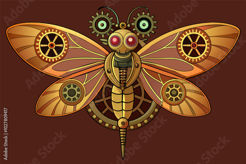 A steampunk dragonfly with wings made of clockwork gears, its every movement a mechanical dance