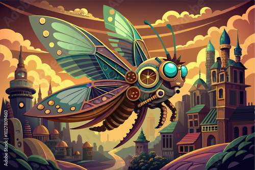 A steampunk dragonfly with gears and pistons for wings, flying through a fantastical cityscape