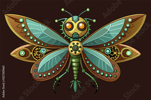 A steampunk dragonfly with wings made of clockwork gears, its every movement a mechanical dance