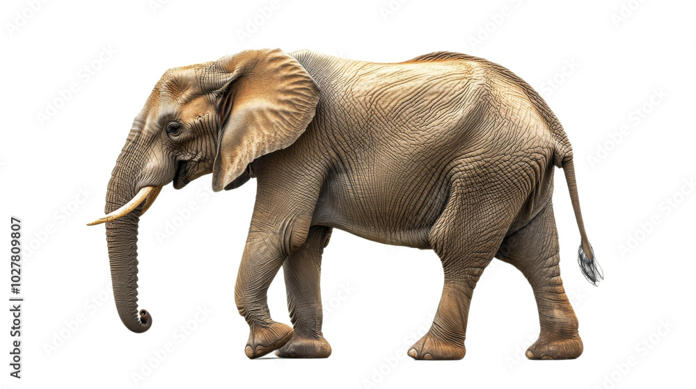 An adult elephant walking steadily across a plain during daylight hours An adult elephant walking steadily across a plain during daylight hours