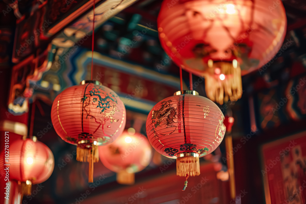 Row of Chinese lanterns hang from the ceiling, each with a different design and color. The lanterns are lit up, creating a warm and inviting atmosphere Row of Chinese lanterns hang from the ceiling, each with a different design and color. The lanterns are lit up, creating a warm and inviting atmosphere