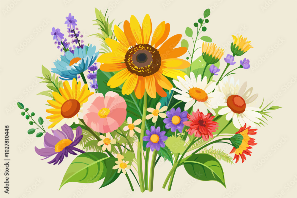 Naklejka premium A summer bouquet with vibrant sunflowers, daisies, and wildflowers