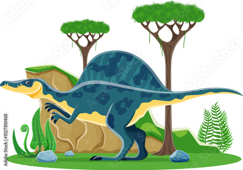 Oxalaia cartoon prehistoric dinosaur character in natural landscape with rock, trees and ferns. Isolated vector ancient carnivore reptile animal with crest on its back, lived in Late cretaceous era
