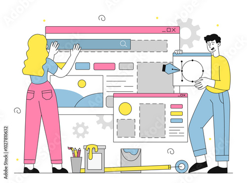 People create website. Man and woman developing design elements for website. Freelancers and remote workers working on common project. Linear vector illustration