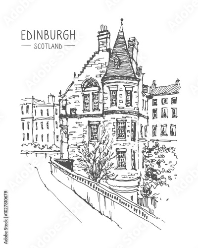 Vector sketch. Old town street in Scotland, Edinburgh. Historical building line art. Freehand drawing. Urban sketch of Edinburgh in black color isolated on white background. Hand drawn travel postcard