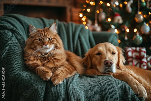 Cute cat and dog with festive Christmas decorations in a cozy home setting, with glowing lights and holiday spirit, new beautiful stock image illustration AI