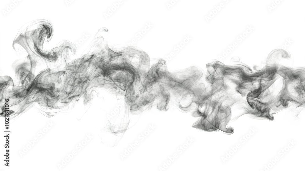 Ethereal gray smoke wisps swirling quietly across a white background Ethereal gray smoke wisps swirling quietly across a white background