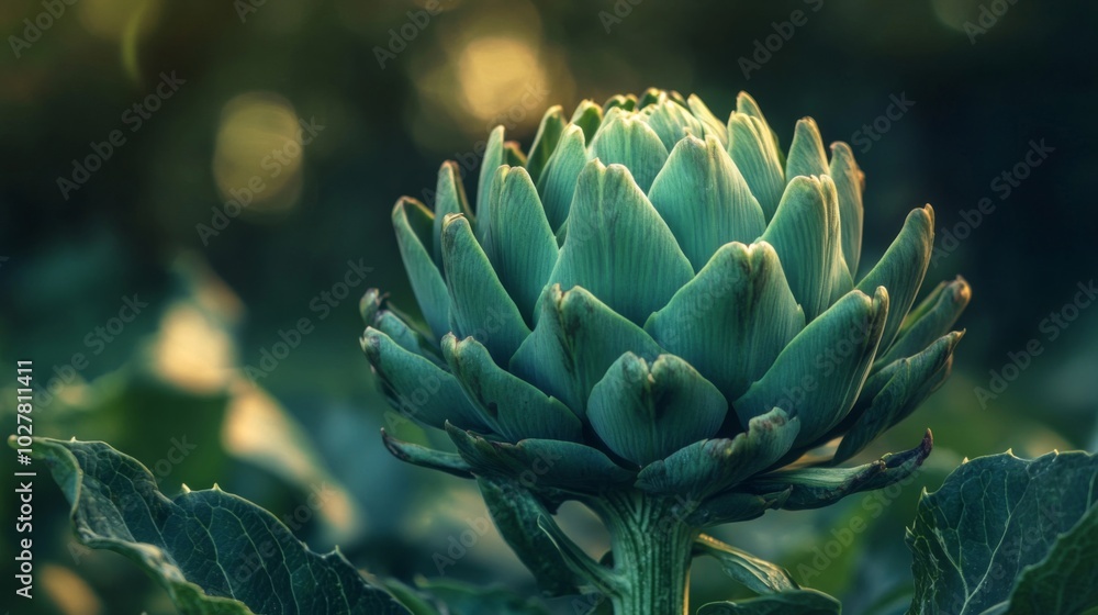 A Close-Up View of a Vibrant Green Artichoke Bud in a Garden Setting A Close-Up View of a Vibrant Green Artichoke Bud in a Garden Setting