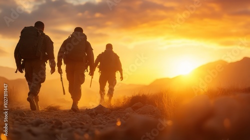 Fototapeta Naklejka Na Ścianę i Meble -  Three soldiers with backpacks silhouetted against a vibrant sunset march along a rugged path, embodying themes of duty, resilience, and camaraderie in nature.